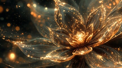 Wall Mural - glowing golden fractal flower with bokeh.