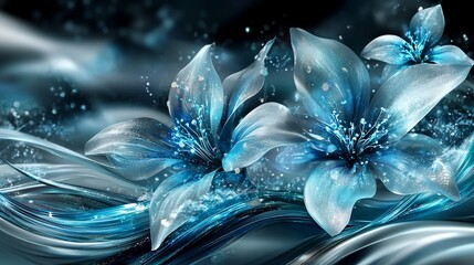 Wall Mural - abstract blue flowers with water droplets on dark background.