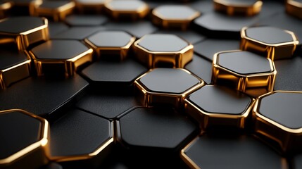 Wall Mural - abstract 3d rendering of black hexagons with gold edges.