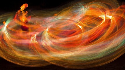 Poster - Abstract light painting of a dancer in motion, creating swirling, fiery patterns against a dark background.