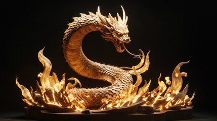 Poster - Illuminated Wooden Dragon Sculpture Amidst Flames