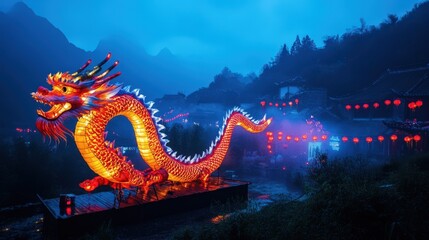 Poster - Illuminated Dragon Lantern Festival Mountain Village Scene