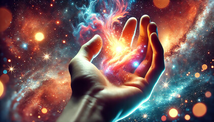 Wall Mural - A hand gently cradling a glowing nebula in space