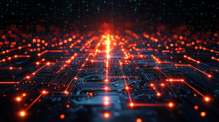 Glowing circuit board data transfer with binary code background for tech visualization