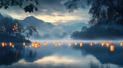 Canvas Print - Serene Mountain Lake Illuminated by Floating Lanterns