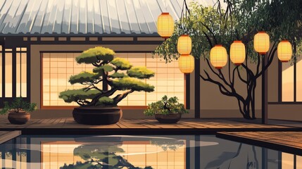 Canvas Print - Serene Japanese Garden with Bonsai and Lanterns