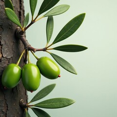 Olive branches with green olives and olive grains on a tree trunk in autumn, branch, tree trunk, foliage