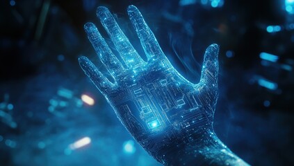 Wall Mural - a close-up of an ai hand reaching out towards the viewer, with digital circuit patterns on its finge