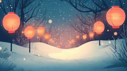 Poster - Illuminated Lanterns Line Snowy Winter Path Through Trees