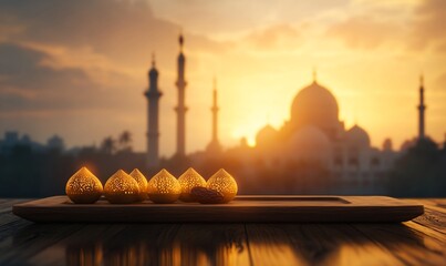 Wall Mural - A serene sunset view with decorative lanterns and a mosque silhouette.