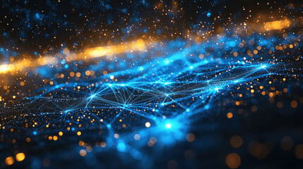 Blue network grid connecting glowing particles in dark digital space