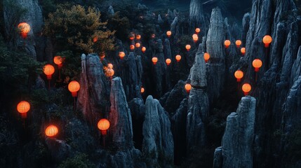 Poster - Illuminated Lanterns Adorn a Rocky Mountain Landscape at Night