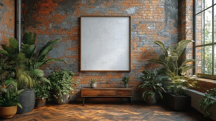 Sticker - Modern Interior Design with Large Blank Canvas, Plants, and Brick Wall