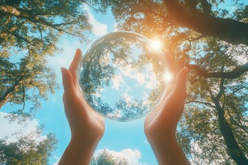 Wall Mural - hands holding a crystal ball reflecting trees and sky, symbolizing nature's beauty.