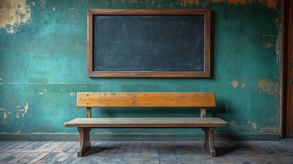 Sticker - Rustic Classroom Setting: Wooden Bench and Blackboard Against a Weathered Teal Wall