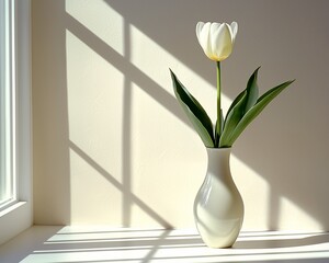 Poster - Single white tulip in vase, sunlight.