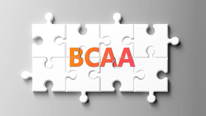 Poster - Bcaa complex like a puzzle - pictured as word bcaa on a puzzle pieces to show that bcaa is complex and needs cooperating pieces that fit together. ,3d illustration