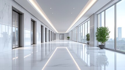 bright modern hallway with marble floor and large windows.