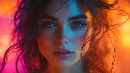 Wall Mural - Neon Dreams: A captivating portrait of a woman with captivating blue eyes, framed by a vibrant, colorful light.