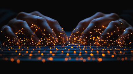 Wall Mural - digital stardust: hands typing on a keyboard, illuminated by sparkling golden light, creating a magi