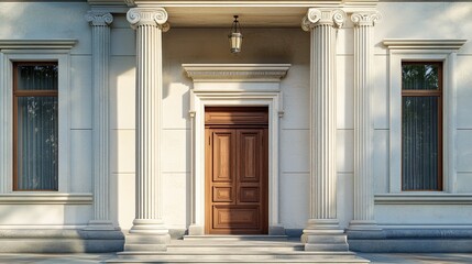 Wall Mural - Classic neoclassical building with columns and a wooden door, showcasing timeless architectural elegance