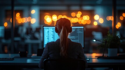 Woman programmer coding late at night in office.