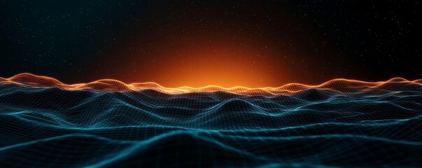 Wall Mural - a digital landscape featuring glowing waves in shades of blue and orange, evoking a serene and futur