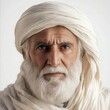 © Who is Santi - A Zoroastrian priest with a thoughtful, pursed-lips expression and a calm demeanor, radiating patience and spiritual wisdom, on a white background
