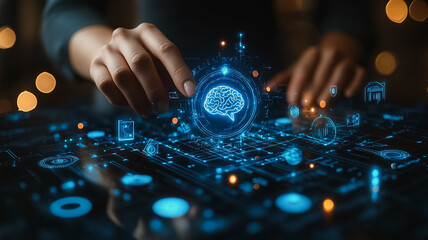 Canvas Print - Unveiling the Digital Mind: A close-up shot of hands interacting with a holographic brain, showcasing cutting-edge technology and the concept of artificial intelligence.