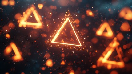 Wall Mural - glowing orange triangles in dark space with bokeh.