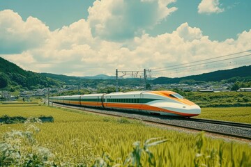 The exterior of the high-speed train is white and orange. It runs through fields in England on sunny days