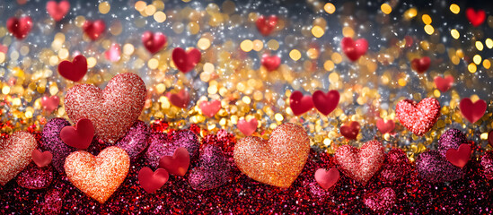 Wall Mural - Valentine's day background with glitter hearts. Hearts as background. Valentines day concept.