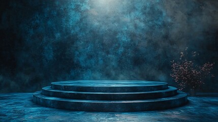 Wall Mural - moody blue concrete platform circular steps dramatic studio background product display minimalist