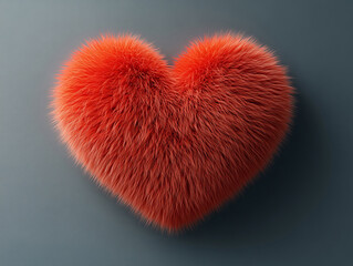 a textured red heart icon with a soft, fur-like surface rests on a neutral gray background, presenti