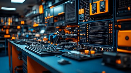 A high-tech workspace filled with electronic components and tools.