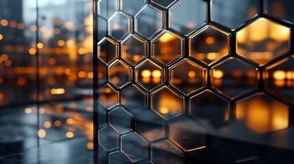 Wall Mural - Abstract hexagonal glass structure with city lights.
