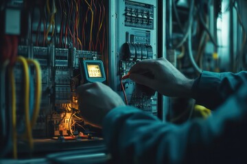 A detailed view of a modern electrical control cabinet, as an electrician uses a multimeter to test the voltage, with a digital display showing the measurements.