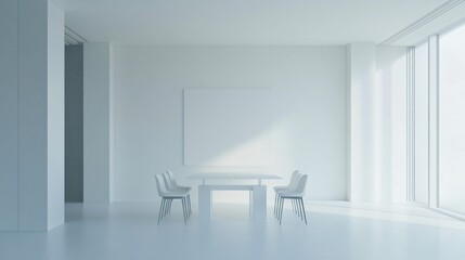 Wall Mural - Minimalist Modern Dining Room Interior Design White Table Chairs and Large Canvas