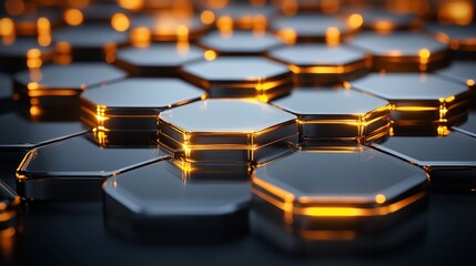 Wall Mural - Abstract hexagonal metallic surface with glowing edges.