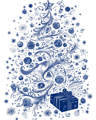 Wall Mural - a blue christmas tree with many decorations and a box in the center