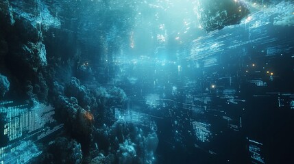 Wall Mural - abstract digital underwater scene with glowing data streams and coral.
