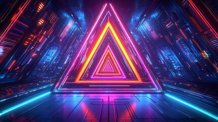 Wall Mural - neon triangle tunnel, vibrant colors, futuristic.