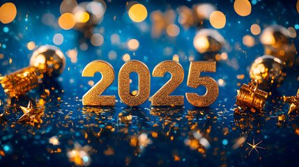 Wall Mural - Vibrant 2025 Happy New Year Backdrop: Festive Gold and Blue Design for Marketing and Celebrations