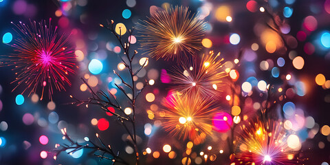 Wall Mural - Colorful firework with bokeh background. New Year celebration, Abstract holiday background