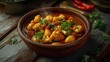 © Pro Creator - A vibrant vegetable curry with golden potatoes, orange cauliflower florets, and rich tomato sauce, garnished with fresh cilantro, served in a rustic terracotta bowl, exuding warmth and comfort