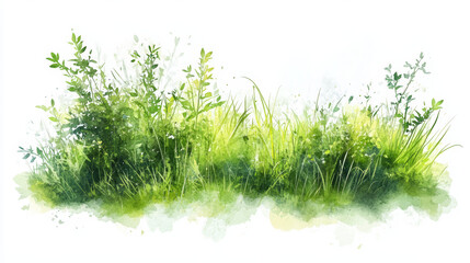 Lush green grass and wild plants in watercolor illustration, evoking nature beauty and tranquility