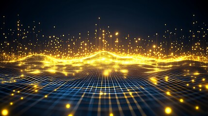 Wall Mural - golden light waves across digital grid landscape