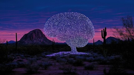 Leinwandbilder - Exploring the digital brain interface concept a futuristic glowing standard in the desert landscape