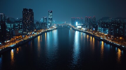 Leinwandbilder - Illuminating innovation a smart city at night with interconnected technology standards urban environment aerial view for enhanced connectivity