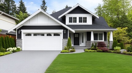 Wall Mural - Modern suburban house with landscaped yard, stone accents, and large windows surrounded by lush greenery